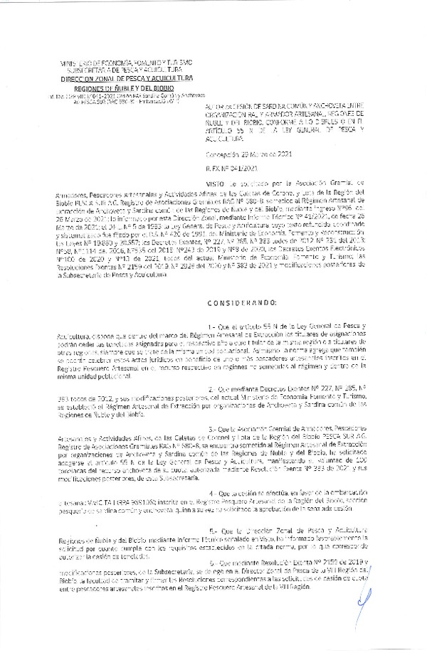 Res. Ex. N° 041-2021 (DZP Ñuble y del Biobío) Autoriza cesión Sardina Común y Anchoveta Región de Ñuble-Biobío (Publicado en Página Web 30-03-2021)