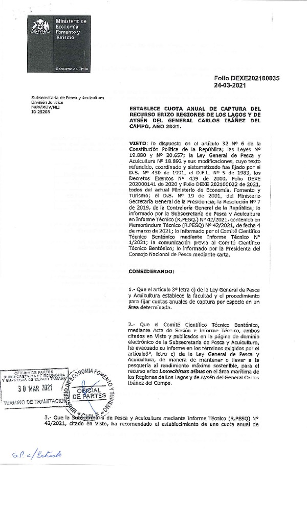 Dec. Ex. Folio N° 202100035 Establece Cuota del Recurso Erizo, Regiones de Los Lagos y Aysén del General Carlos Ibañez del Campo, Año 2021. (Publicado en Página Web 30-03-2021)