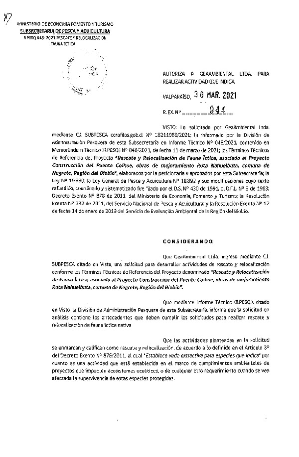 Res. Ex. N° 944-2021 Rescate y Relocalización de Fauna Íctitca, Región del Biobío. (Publicado en Página Web 30-03-2021)