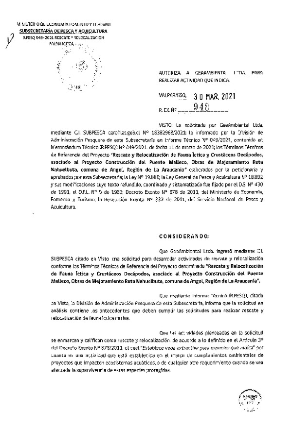 Res. Ex. N° 948-2021 Rescate y Relocalización de Fauna Íctitca y crustáceos Decápodos, Región de La Araucanía. (Publicado en Página Web 30-03-2021).