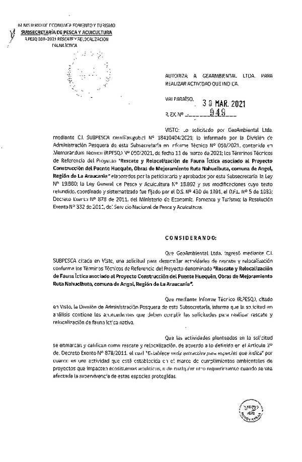 Res. Ex. N° 949-2021 Rescate y Relocalización de Fauna Íctitca, Región de La Araucanía. (Publicado en Página Web 30-03-2021).
