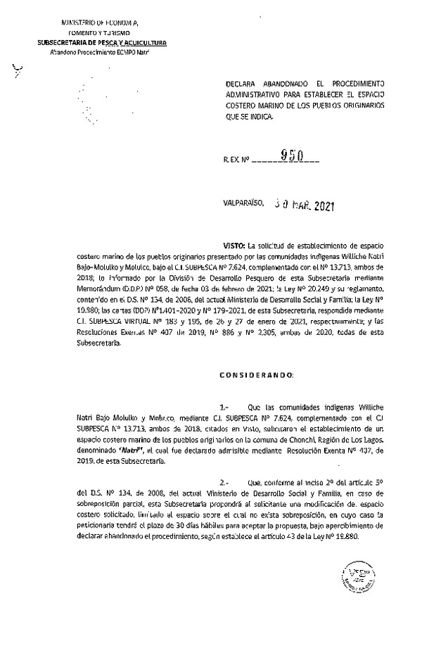 Res. Ex. N° 950-2021 Declara abandonado el procedimiento administrativo para establecer ECMPO que se indica. (Publicado en Página Web 31-03-2021)