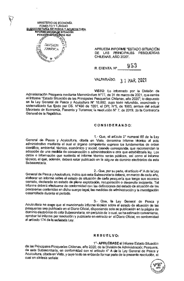 Res. Ex. N° 953-2021 Aprueba Informe Estado de Situación de las Principales Pesquerías Chilenas, Año 2020. (Publicado en Página Web 31-03-2021)