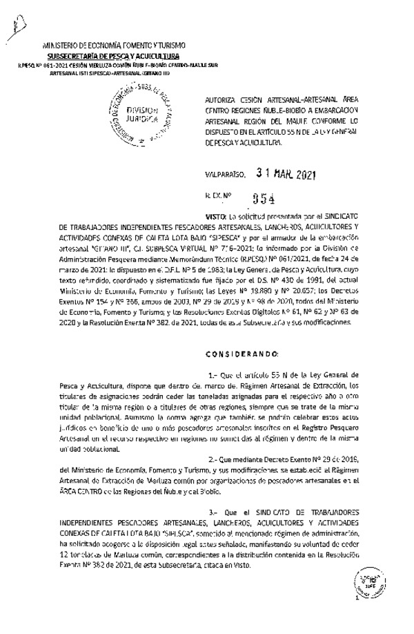 Res. Ex. N° 954-2021 Autoriza cesión Merluza común Regiones Ñuble - Biobío a Región del Maule. (Publicado en Página Web 31-03-2021)