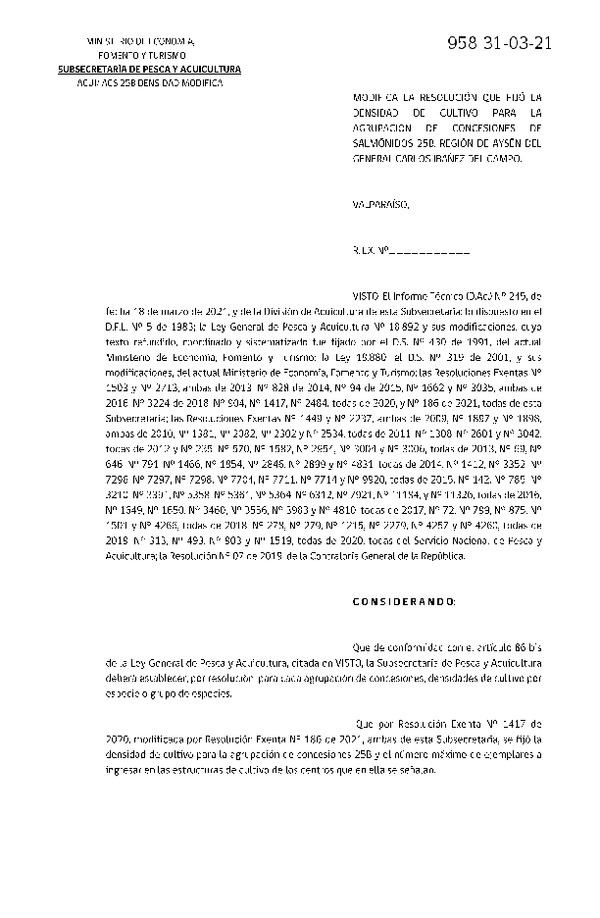 Res. Ex. N° 958-2021 Modifica Res. Ex. N° 1417-2020 Fija densidad de Cultivo para la Agrupación de concesiones de Salmónidos 25 B, en la Región de Aysén del General Carlos Ibáñez del Campo. (Publicado en Página Web 01-04-2021)