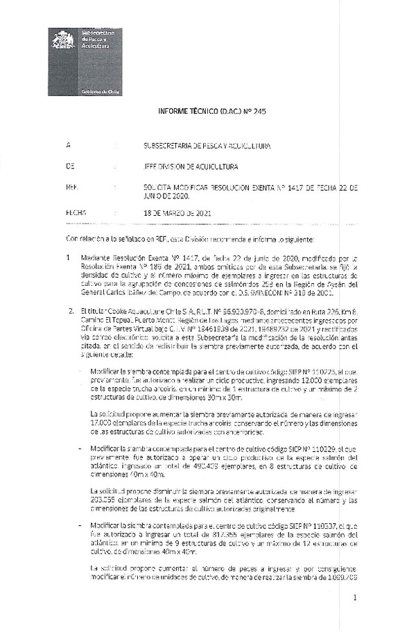 INFORME TÉCNICO (D. AC.) N° 245-2021 SOLICITA MODIFICAR RESOLUCIÓN EXENTA N° 1417 DE FECHA 22 DE JUNIO DE 2020.