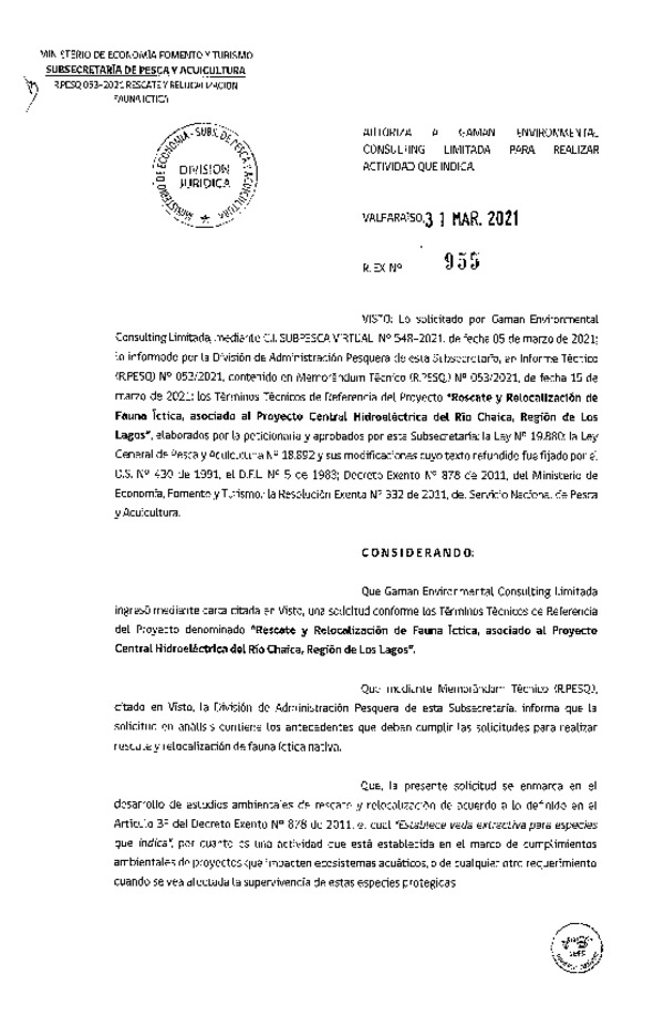 Res. Ex. N° 955-2021 Rescate y Relocalización de Fauna Íctitca, Región de Los Lagos. (Publicado en Página Web 01-04-2021).