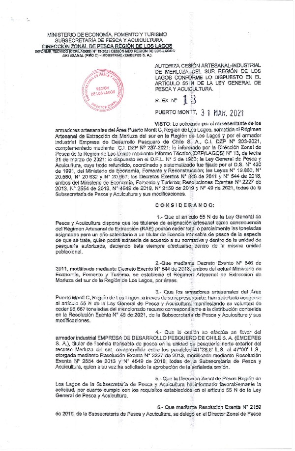 Res. Ex. N° 13-2021 (DZP Región de Los Lagos) Autoriza cesión Merluza del Sur (Publicado en Página Web 01-04-2021).