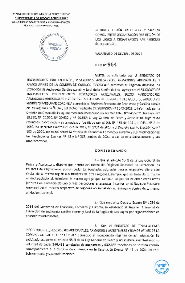 Res. Ex. N° 964-2021 Autoriza Cesión anchoveta y sardina común Regiones Los Lagos a Ñuble-Biobío. (Publicado en Página Web 01-04-2021).
