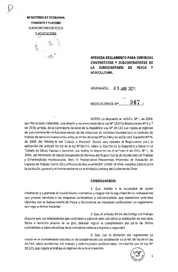 Res. Ex. N° 967-2021 Aprueba Reglamento para Empresas Contratistas y Subcontratistas de la Subsecretaría de Pesca y Acuicultura. (Publicado en Página Web 05-04-2021)