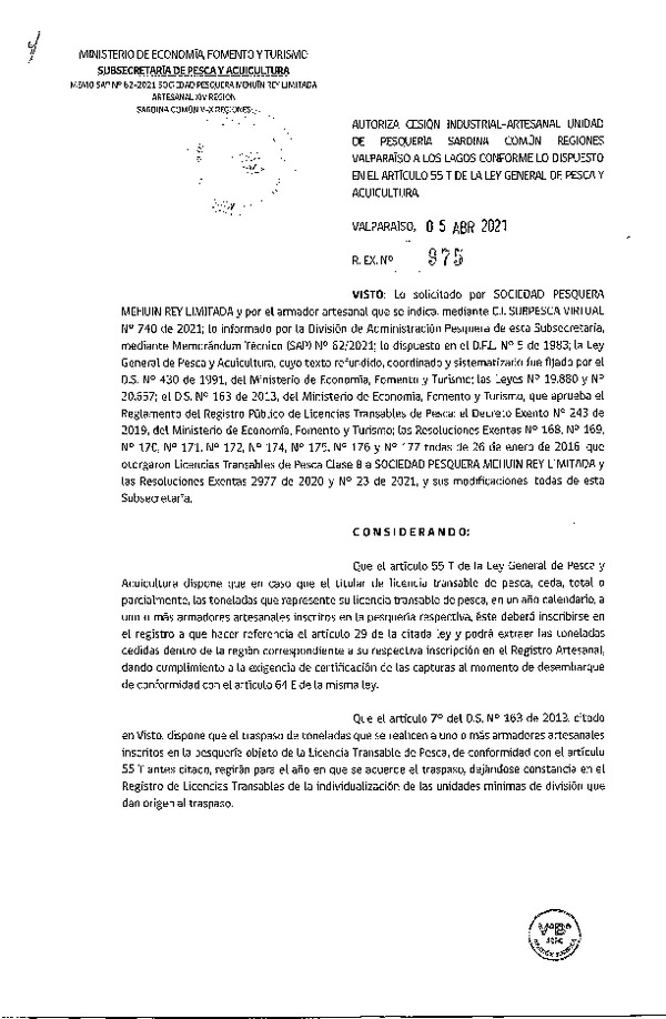 Res. Ex. N° 975-2021 Autoriza Cesión Sardina común, Regiones de Valparaíso a Los Lagos. (Publicado en Página Web 05-04-2021)