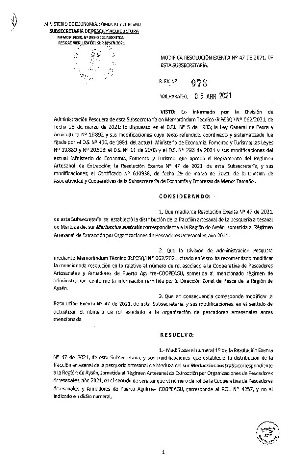 Res. Ex. N° 978-2021 Modifica Res. Ex. N° 47-2021 Distribución de la Fracción Artesanal de Pesquería de Merluza del Sur por Organizaciones, Región de Aysén, Año 2021. (Publicado en Página Web 06-04-2021)