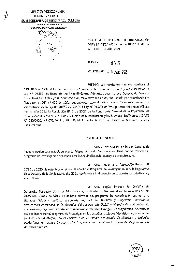 Res. Ex. N° 973-2021 Modifica Res. Ex. N° 2783-2020 Aprueba Programa de Investigación para la Regulación de la Pesca y de la Acuicultura, Año 2021. (Publicado en Página Web 06-04-2021)