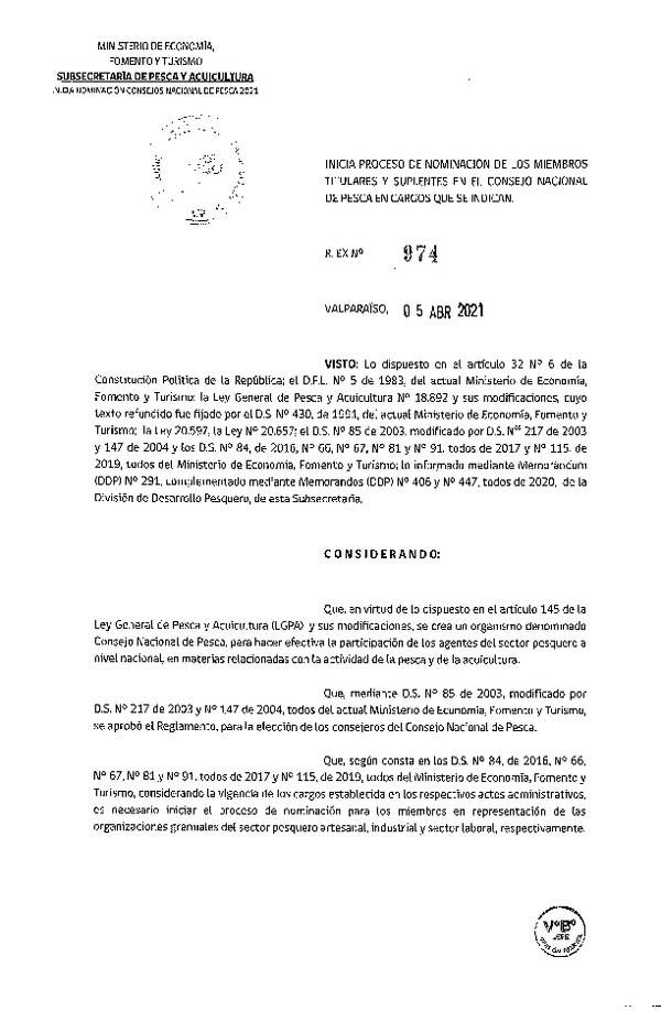 Res. Ex. N° 974-2021 Inicia Proceso de Nominación de los Miembros Titulares y Suplentes en el Consejo Nacional de Pesca en Cargos que se Indican. (Publicado en Página Web 06-04-2021)