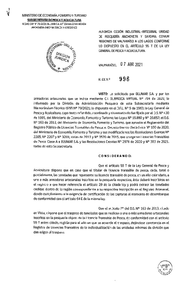 Res. Ex. N° 996-2021 Autoriza Cesión Anchoveta y Sardina común, Regiones de Valparaíso a Los Lagos. (Publicado en Página Web 08-04-2021)