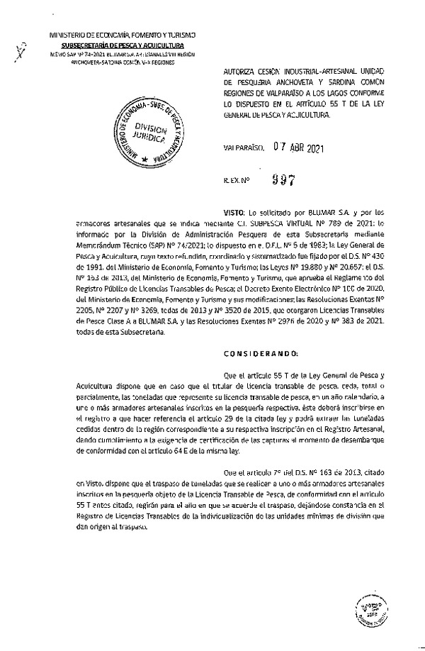 Res. Ex. N° 997-2021 Autoriza Cesión Anchoveta y Sardina común, Regiones de Valparaíso a Los Lagos. (Publicado en Página Web 08-04-2021)