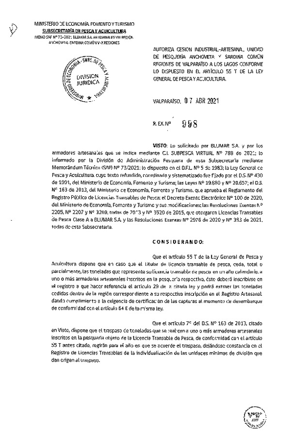 Res. Ex. N° 998-2021 Autoriza Cesión Anchoveta y Sardina común, Regiones de Valparaíso a Los Lagos. (Publicado en Página Web 08-04-2021)