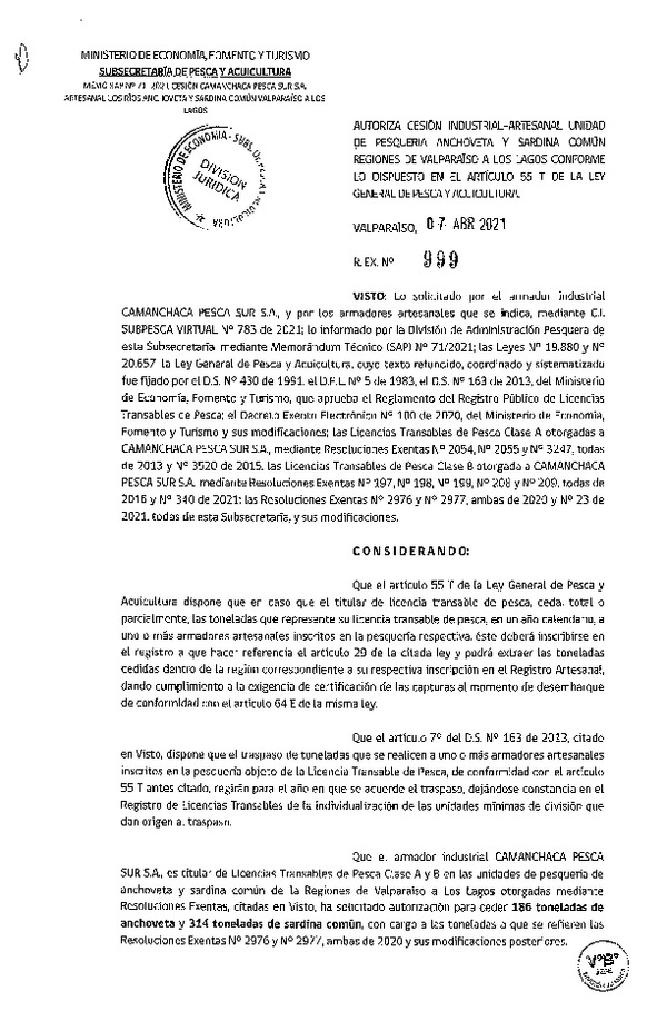 Res. Ex. N° 999-2021 Autoriza Cesión Anchoveta y Sardina común, Regiones de Valparaíso a Los Lagos. (Publicado en Página Web 08-04-2021)