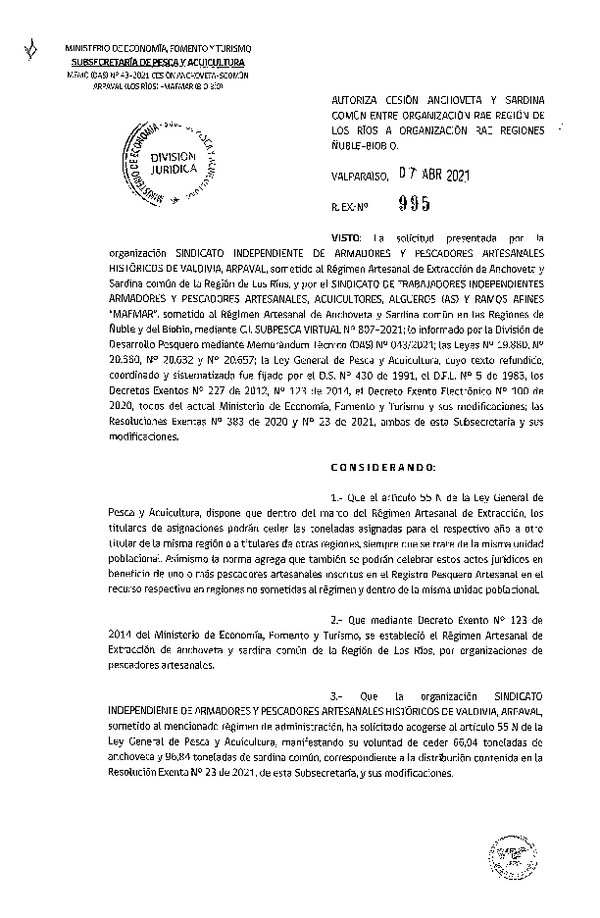 Res. Ex. N° 995-2021 Autoriza Cesión anchoveta y sardina común Regiones de Los Ríos a Ñuble-Biobío. (Publicado en Página Web 08-04-2021).