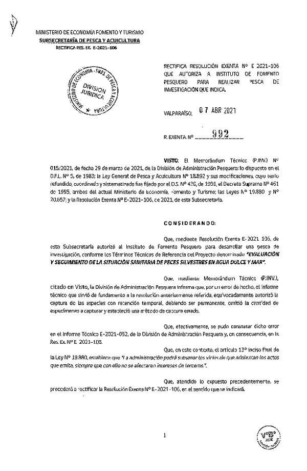 Res. Ex. N° 992-2021 Rectifica R. EX. Nº E-2021-106 EVALUACIÓN Y SEGUIMIENTO DE LA SITUACIÓN SANITARIA DE PECES SILVESTRES EN AGUA DULCE Y MAR. (Publicado en Página Web 08-04-2021)