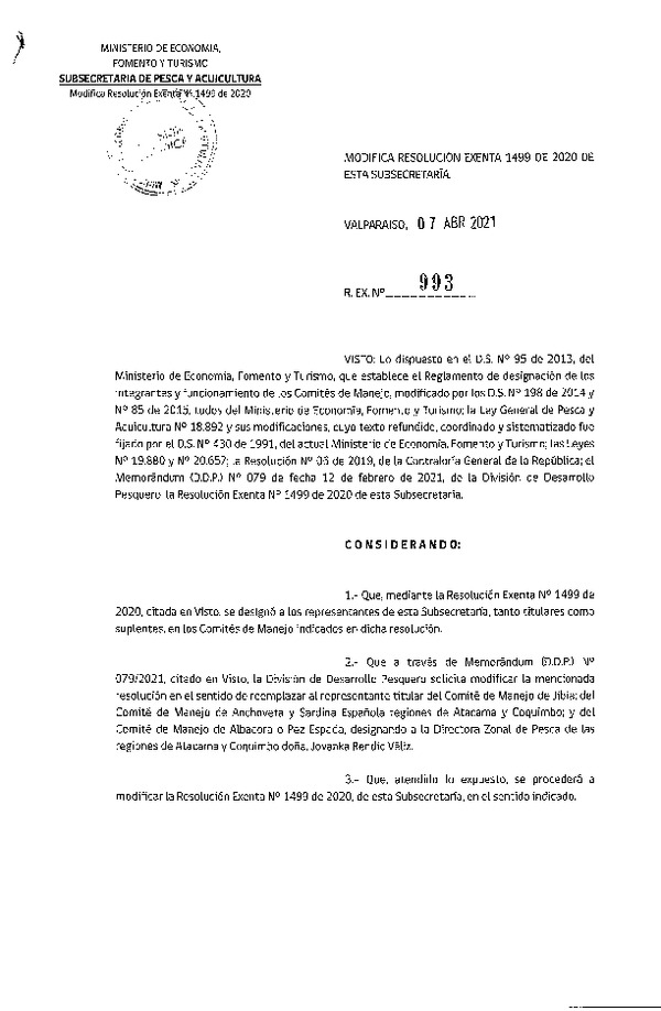 Res. Ex. N° 993-2021 Modifica Res. Afecta N° 1499-2020 Designa Funcionarios de la Subsecretaría de Pesca y Acuicultura en Comités de Manejo que Indica. (Publicado en Página Web 08-04-2021)