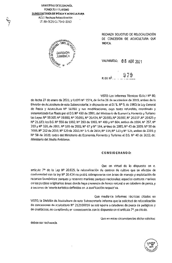 Res. Ex. N° 979-2021 Rechaza solicitud de relocalización de concesión de acuicultura que indica.
