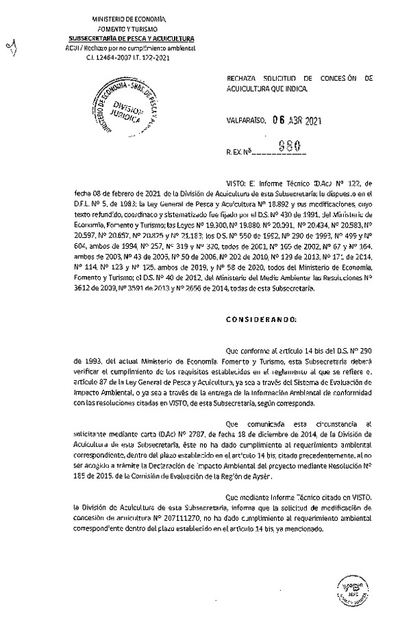 Res. Ex. N° 980-2021 Rechaza solicitud de concesión de acuicultura que indica.