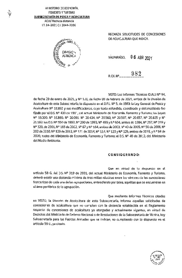 Res. Ex. N° 982-2021 Rechaza solicitudes de concesiones de acuicultura que indica.