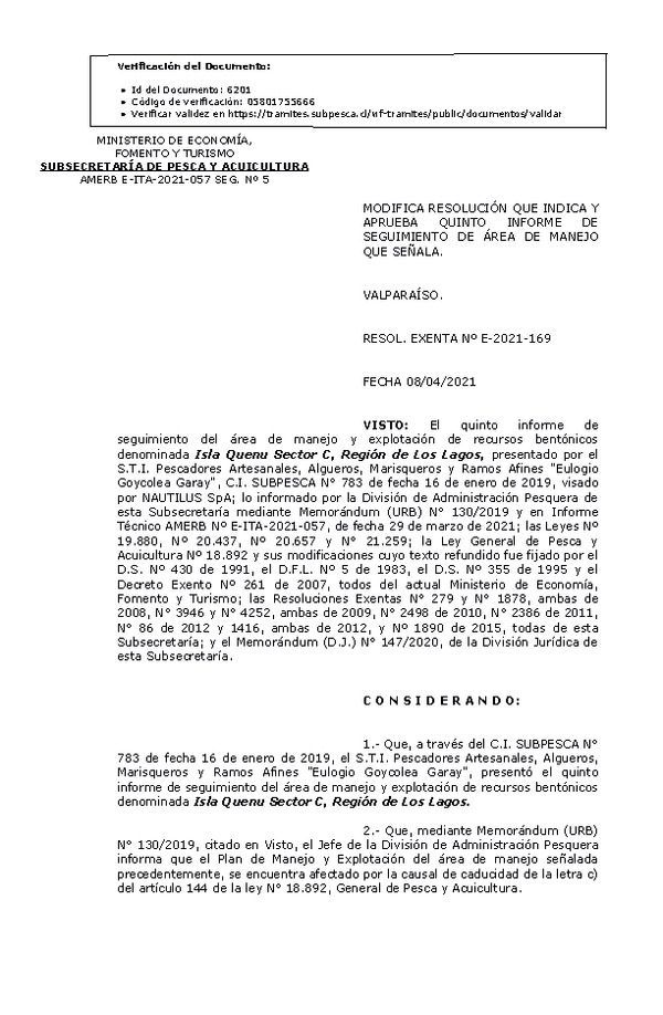 RESOL. EXENTA Nº E-2021-169 Modifica Resolución que Indica. Aprueba 5° Seguimiento.