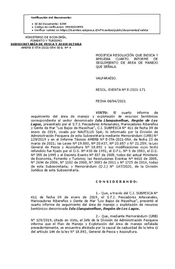 RESOL. EXENTA Nº E-2021-171 Modifica Resolución que Indica. Aprueba 4° Seguimiento.