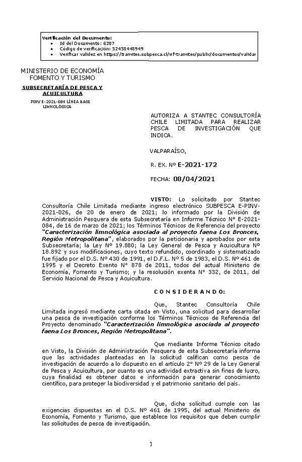 R. EX. Nº E-2021-172 Caracterización limnológica asociada al proyecto faena Los Bronces, Región Metropolitana. (Publicado en Página Web 08-04-2021)