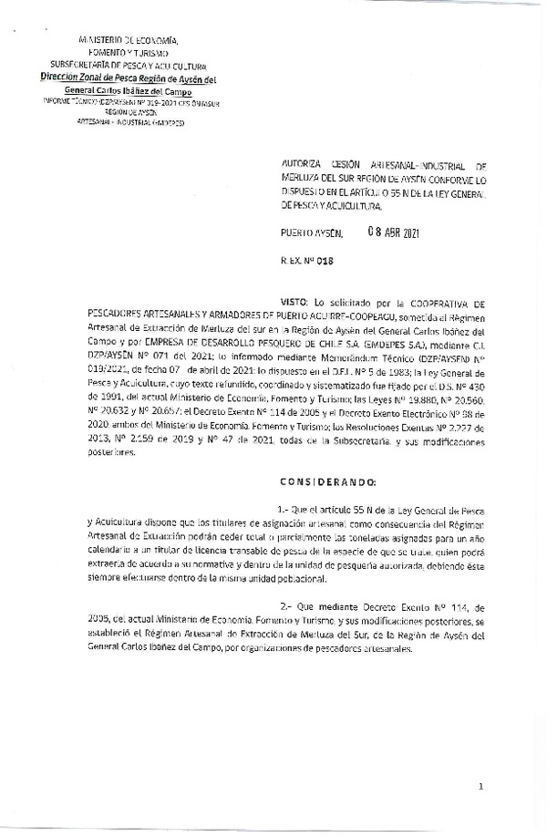 Res. Ex. N° 018-2021 (DZP Región de Aysén) Autoriza cesión Merluza del Sur. (Publicado en Página Web 08-04-2021)