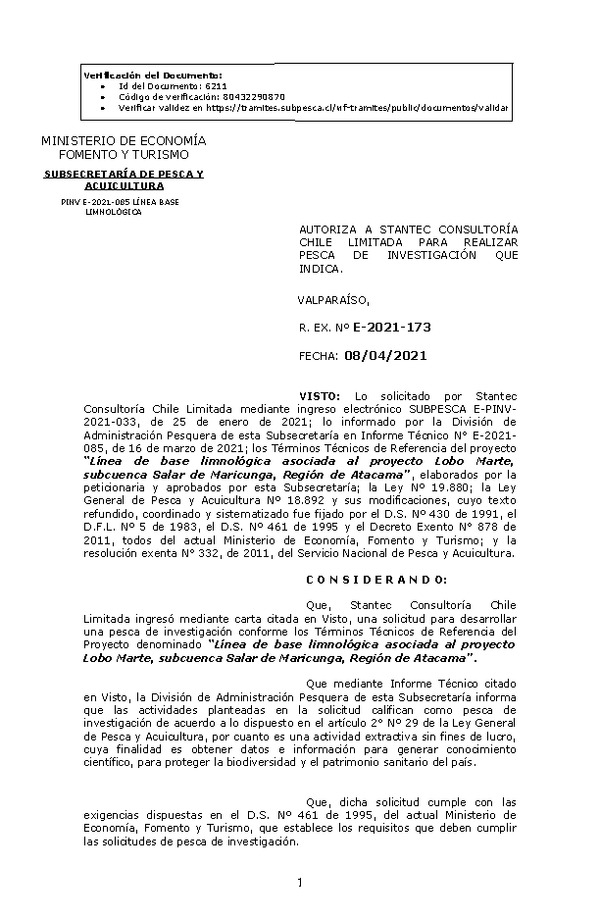 R. EX. Nº E-2021-173 Línea de base limnológica asociada al proyecto Lobo Marte, subcuenca Salar de Maricunga, Región de Atacama. (Publicado en Página Web 08-04-2021)