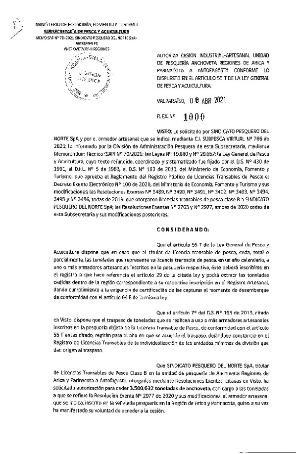 Res. Ex. N° 1000-2021 Autoriza cesión pesquería Anchoveta, Regiones de Arica y Parinacota a Antofagasta. (Publicado en Página Web 08-04-2021)