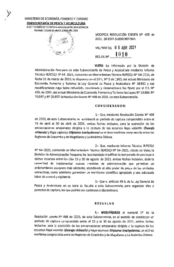 Res. Ex. N° 1010-2021 Modifica  Res. Ex. N° 498-2021 que Estableció Periodo de Captura para raya Volantín y Raya Espinosa, Año 2021. (Publicado en Página Web 08-04-2021)