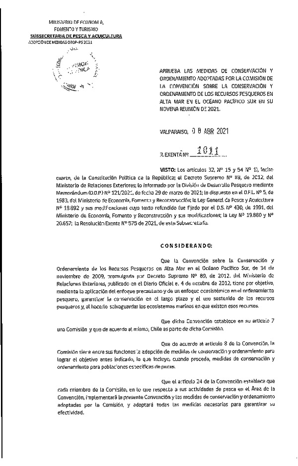 Res. Ex. N° 1011-2021 Aprueba las Medidas de Conservación y Ordenamiento Adoptadas por la Comisión de la Convención Sobre la Conservación y Ordenamiento de los Recursos Pesqueros en Alta Mar en el Océano Pacífico Sur en su Novena Reunión de 2021. (Publicado en Página Web 08-04-2021)