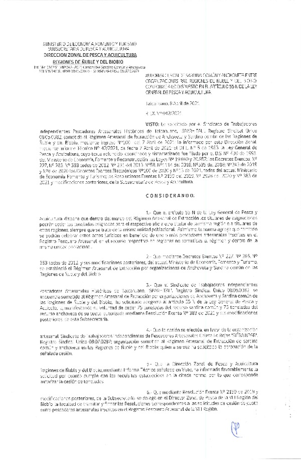 Res. Ex. N° 042-2021 (DZP Ñuble y del Biobío) Autoriza cesión Sardina Común y Anchoveta Región de Ñuble-Biobío (Publicado en Página Web 08-04-2021)