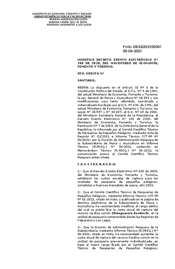  Dec. Ex. Folio 202100047 Modifica Dec. Ex. Folio 202000100 Establece Cuotas Anuales de Captura de Unidades de Pesquería de recursos Pelágicos Pequeños que Indica Sometidas a Licencias Transables de Pesca, año 2021. (Publicado en Página Web 09-04-2021)