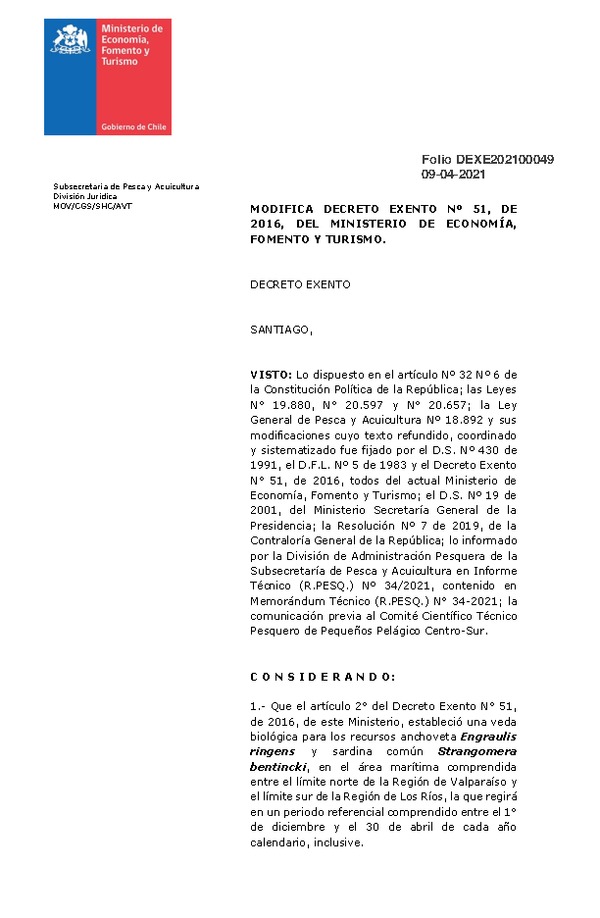 Dec. Ex. Folio Folio DEXE202100049 Modifica Dec. Ex. Nº 51-2016 Que Establece Veda Biológica para los Recursos Anchoveta y Sardina Común. (Publicado en Página Web 09-04-2021)