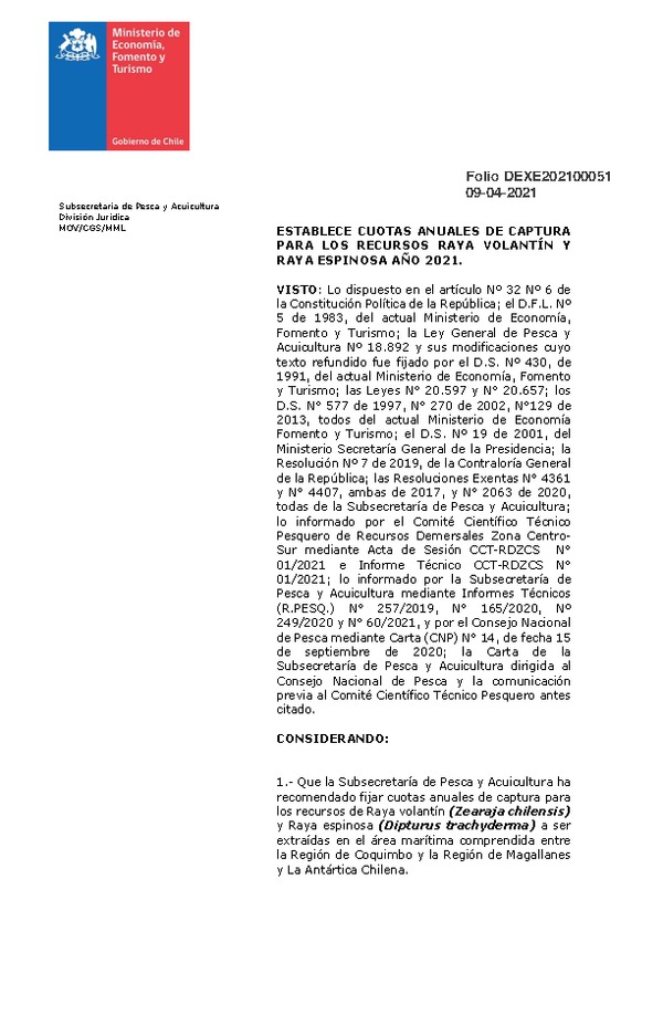 Dec. Ex. Folio DEXE202100051 Establece Cuotas Anuales de Captura para los Recursos Raya Volantín y Raya Espinosa Año 2021. (Publicado en Página Web 12-04-2021)