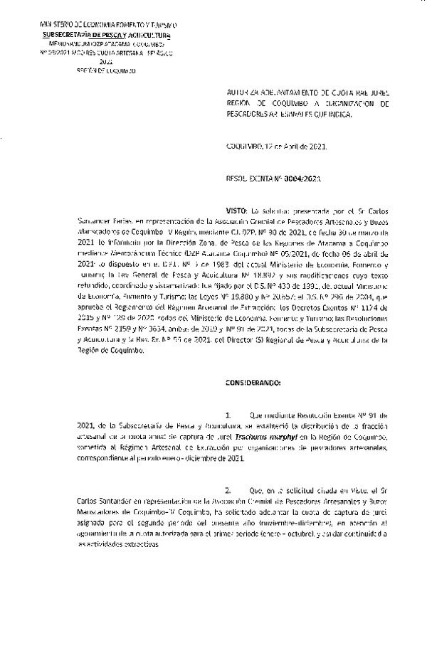 Res. Ex. N° 0004-2021 (DZP Atacama y Coquimbo) Autoriza Adelantamiento de Cuota RAE de Jurel por Región, Año 2021. (Publicado en Página Web 12-04-2021)
