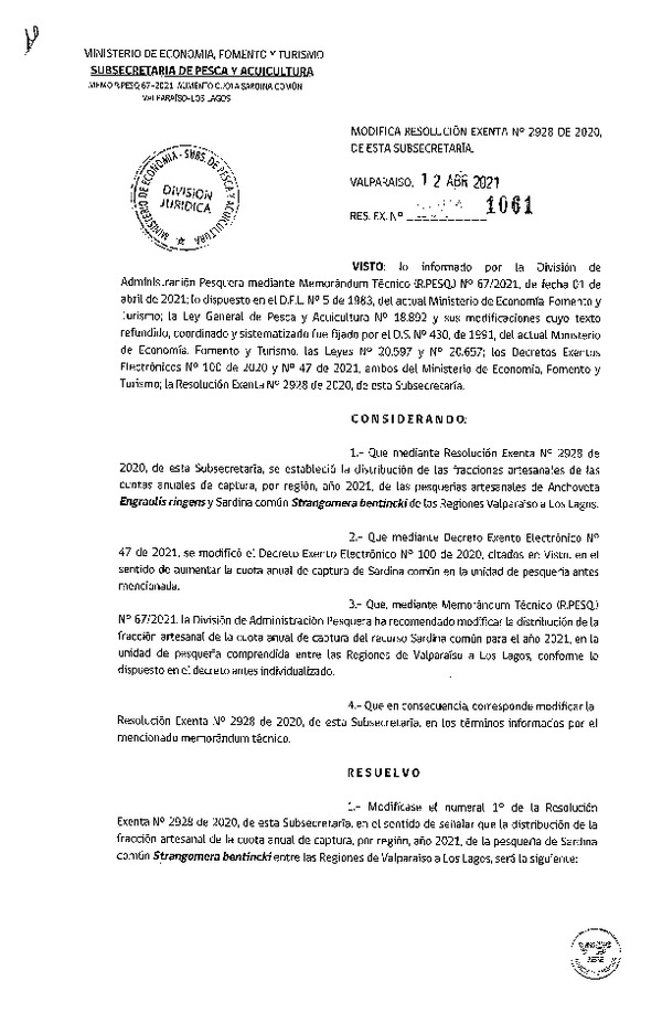 Res. Ex. N° 1061-2021 Modifica Res. Ex. N° 2928-2020 Establece Distribución de las Fracciones Artesanales de Anchoveta y Sardina Común, Regiones de Valparaíso a Los Lagos, por Región, Año 2021 (Publicado en Página Web 12-04-2021)