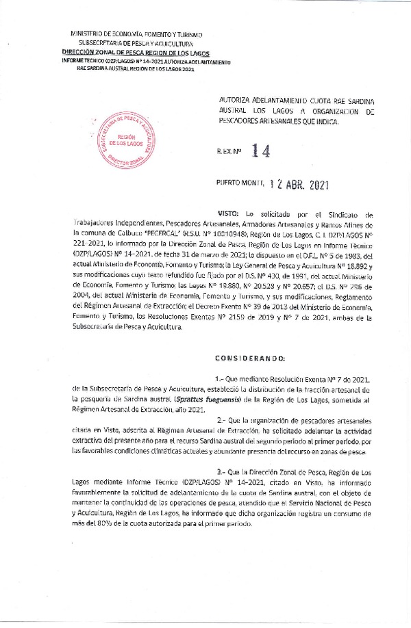 Res. Ex. N° 14-2021 (DZP Los Lagos) Autoriza Adelantamiento Cuota RAE de Pesquería de Sardina Austral, Región de Los Lagos, Año 2021. (Publicado en Página Web 12-04-2021)