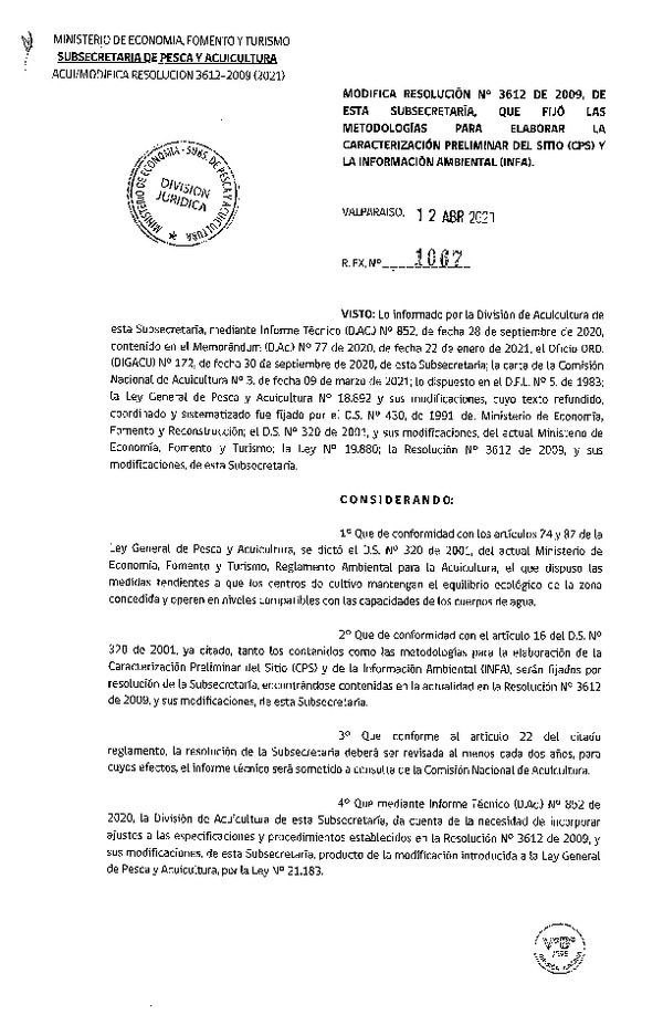 Res. Ex. N° 1067-2021 Modifica Res. Ex. N° 3612 de 2009, de esta Subsecretaría que fijó las metodologías para elaborar la caracterización preliminar del sitio (CPS) y la información ambiental. (Publicado en Página Web 13-04-2021)