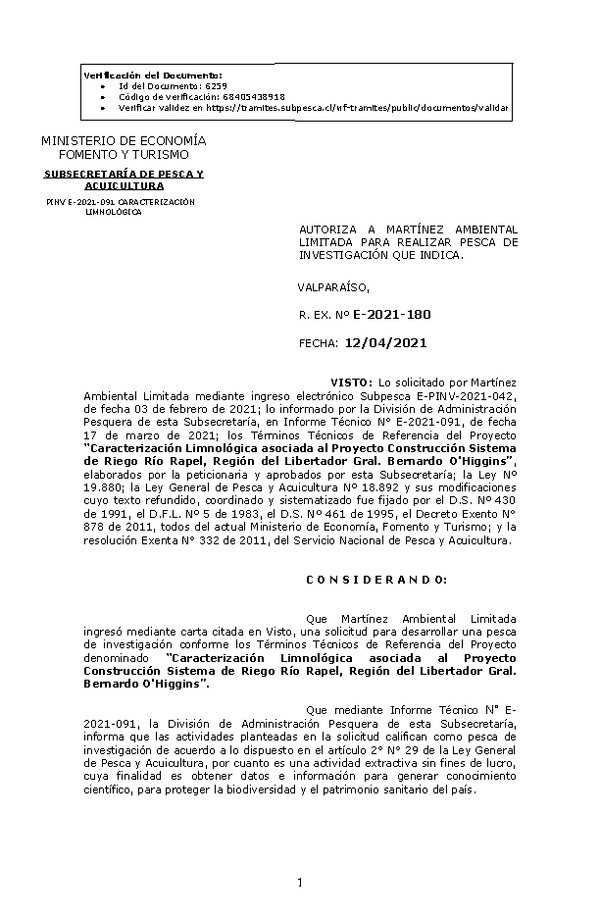 R. EX. Nº E-2021-180 Caracterización Limnológica asociada al Proyecto Construcción Sistema de Riego Río Rapel, Región del Libertador Gral. Bernardo O'Higgins. (Publicado en Página Web 13-04-2021)