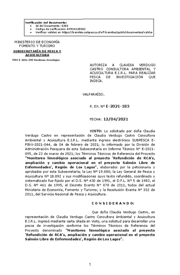 R. EX. Nº E-2021-183 Monitoreo limnológico asociado al proyecto ‘Refundición de RCA’s, ampliación y cambio operacional en el proyecto Salmón Libre de Enfermedades’, Región de Los Lagos. (Publicado en Página Web 13-04-2021)