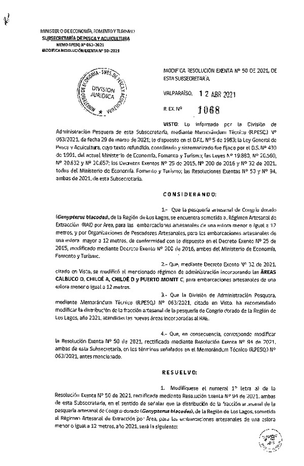 Res. Ex. N° 1068-2021 Modifica Res. Ex. N° 50-2021 Distribución de la Fracción Artesanal de Congrio Dorado, Región de Los lagos, Año 2021. (Publicado en Página Web 13-04-2021)