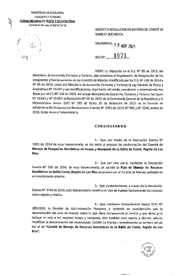 Res. Ex. N° 1071-2021 Modifica Res. Ex. N° 2081-2014 en Materia de Comité de Manejo que Indica. (Publicado en Página Web 13-04-2021)