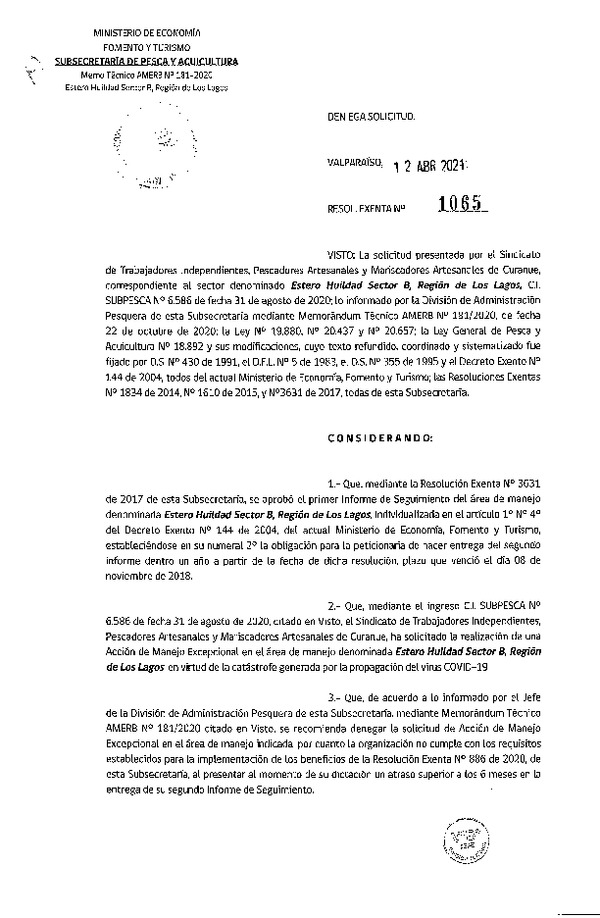 Res. Ex. N° 1065-2021 Deniega solicitud. (Publicado en Página Web 13-04-2021)