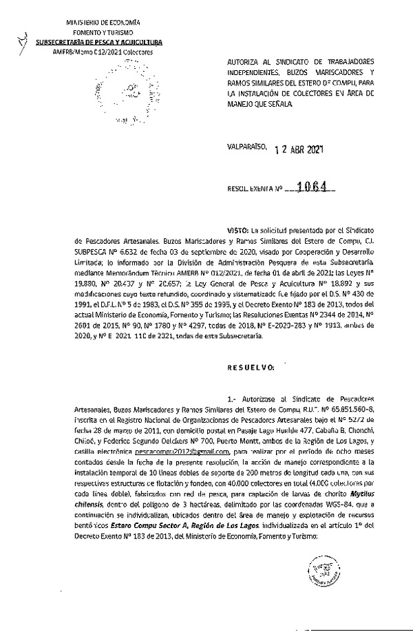 Res. Ex. N° 1064-2021 Instalación de colectores. (Publicado en Página Web 13-04-2021)